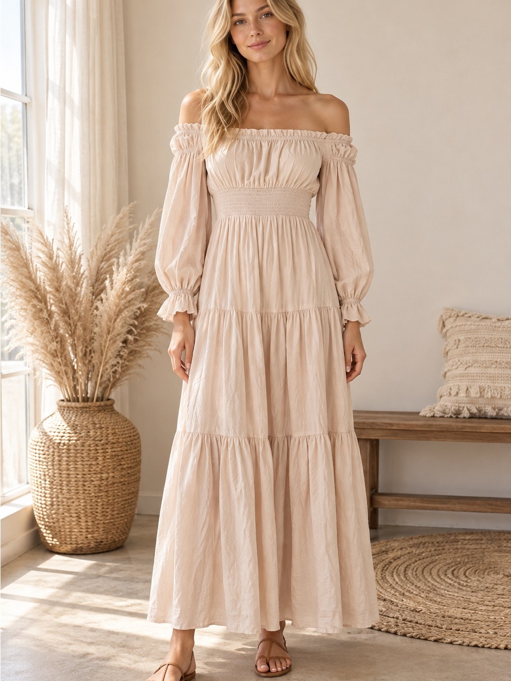 Mable Boho Minimalist Smocked Off-Shoulder Maxi Dress in Cream